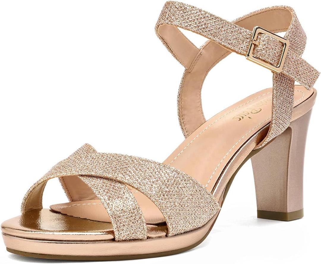 DREAM PAIRS Women's Chunky Heels Open Toe Ankle Strap Sparkly Heels Pump Sandals (7.5, Champagne/Glitter)