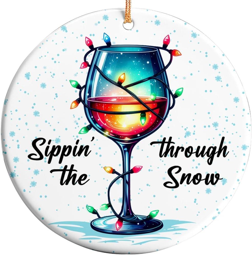 2 x 2025 Christmas Ornament Sippin Through The Snow Wine Ornament Funny Holiday Drink Lover Decoration, Christmas Tree Ornament Gift for Drinkers