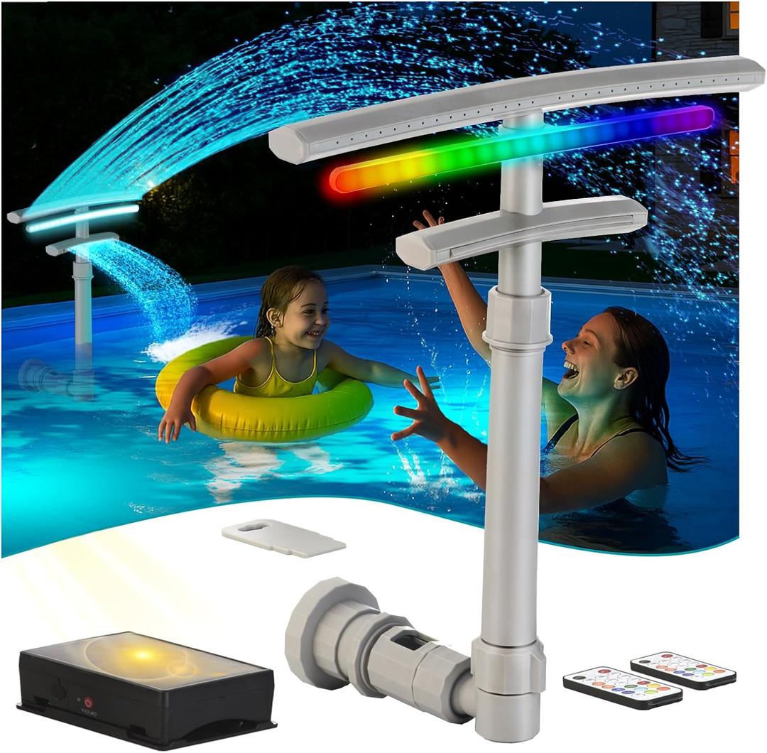Pool Fountain for Above and Inground Pools, Upgraded Dual Spray Pool Waterfall with 9 Color LED Lights and 5 Modes, 360Adjustable Pool Sprinkler Fountain Pool Cooler Pool Accessories Pool Decor, Gray