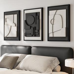 3D Textured Framed Black and White Abstract Wall Art for Bedroom, 3 Piece Modern Paintings Artwork for Walls, Minimalist Black White Geometric Pictures for Living Room, Dining Room Wall Decor 16x24 In, 16"w X 24"h X 3pcs