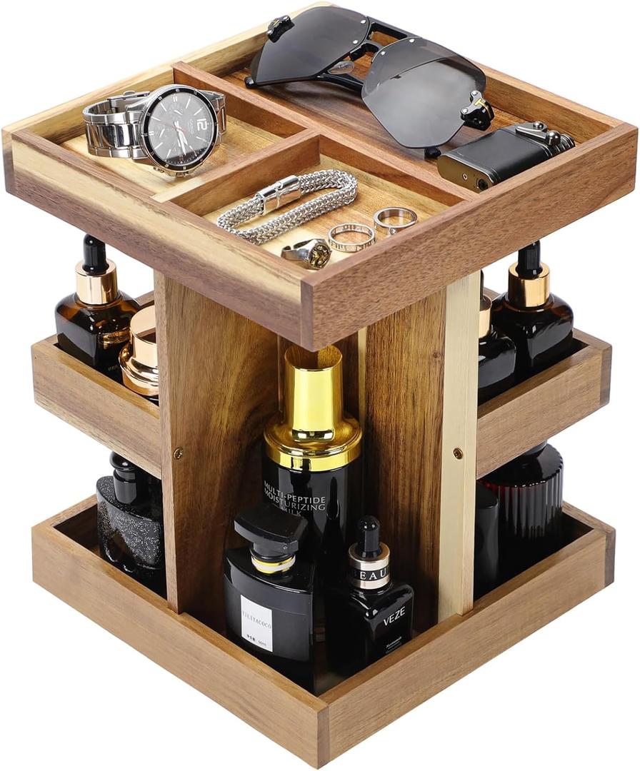 EXIN DECHEN Cologne Organizer for Men,Cologne Stand,3 Tier Wooden Perfume Shelf with Rotate,Desk Organizer,Gift for Dad From Wife,Husband Boyfriend Birthday Gift Ideas,Gifts for Men