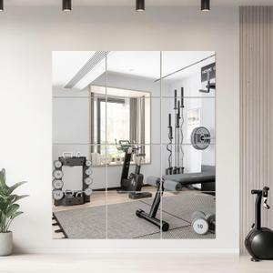 12PCS 14"x12" Home Gym Mirror, Wall Mirrors Decorative Shatterproof Self Adhesive Glass Mirror Tiles for Gym, Bedroom, Bathroom, Living Room