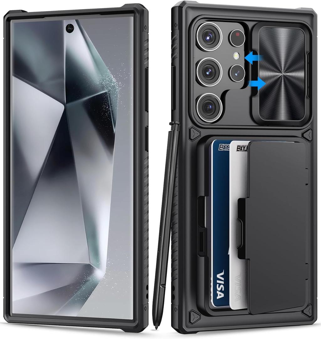 BXYJY for Samsung Galaxy S24 Ultra Case Wallet, Built-in Card Holder (4-5 Cards) & Slide Camera Cover & Kickstand, Military Grade Protection, Rugged Silicone Case for Galaxy S24 Ultra 2024 Only, Black