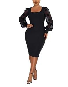 acelyn Women's Sexy Mesh Long Puff Lantern Sleeve Bodycon Dress Square Neck Ribbed Club Party Cocktail Midi Dresses Black S