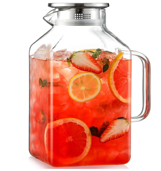 1 Gallon Square Glass Pitcher with Lid and Spout, Borosilicate Glass Carafe for Hot/Cold Drink, Water Pitchers with Handle for Fridge, Extra Large Jug for Iced Tea, Coffee, Juice, Beverage