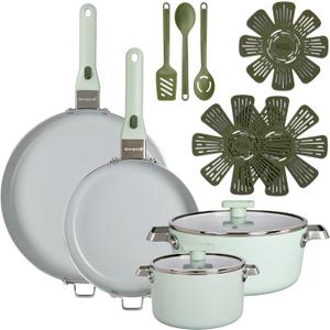 GoodCook Ceramic Cookware Set 14-Piece with Removable Handles, Nonstick Pots & Pans, Induction & Oven Safe, Sage Green