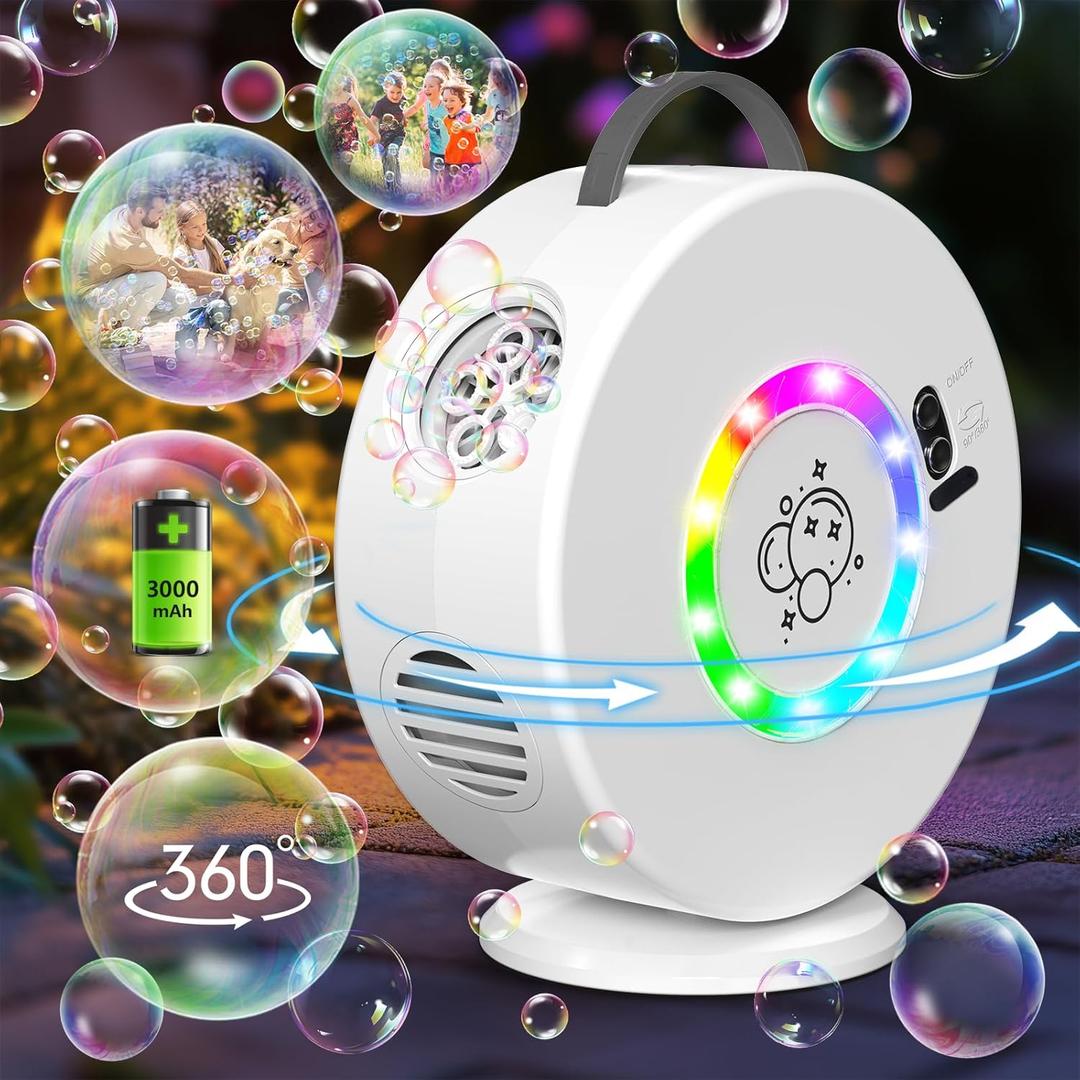 Bubble Machine for Kids Toddlers,Easter Gifts for Kids,90 360 Auto Rotatable Bubble Maker Toy for 3 4 5 Year Old, Bubble Blower with RGB Light Rechargeable, Easter Toys Outdoor Party Birthday Gifts