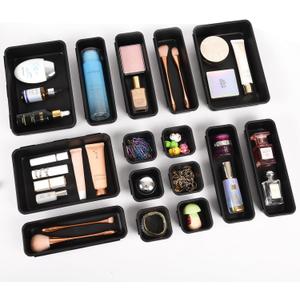 Kutesna 15 Piece Drawer Organizer Set, 3 Size Interlocking Plastic Storage Bins for Office Supplies, Jewelry Makeup Vanity, Bathroom Kitchen, Home Organization Closet, Gadgets Small Items, Black