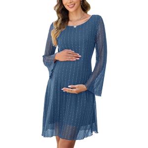 Sparkly Mesh Mini Maternity Dress Sheer Bell Sleeves Tie Back Pregnant Dresses Baby Shower Photoshoot Casual (Large, Blue)