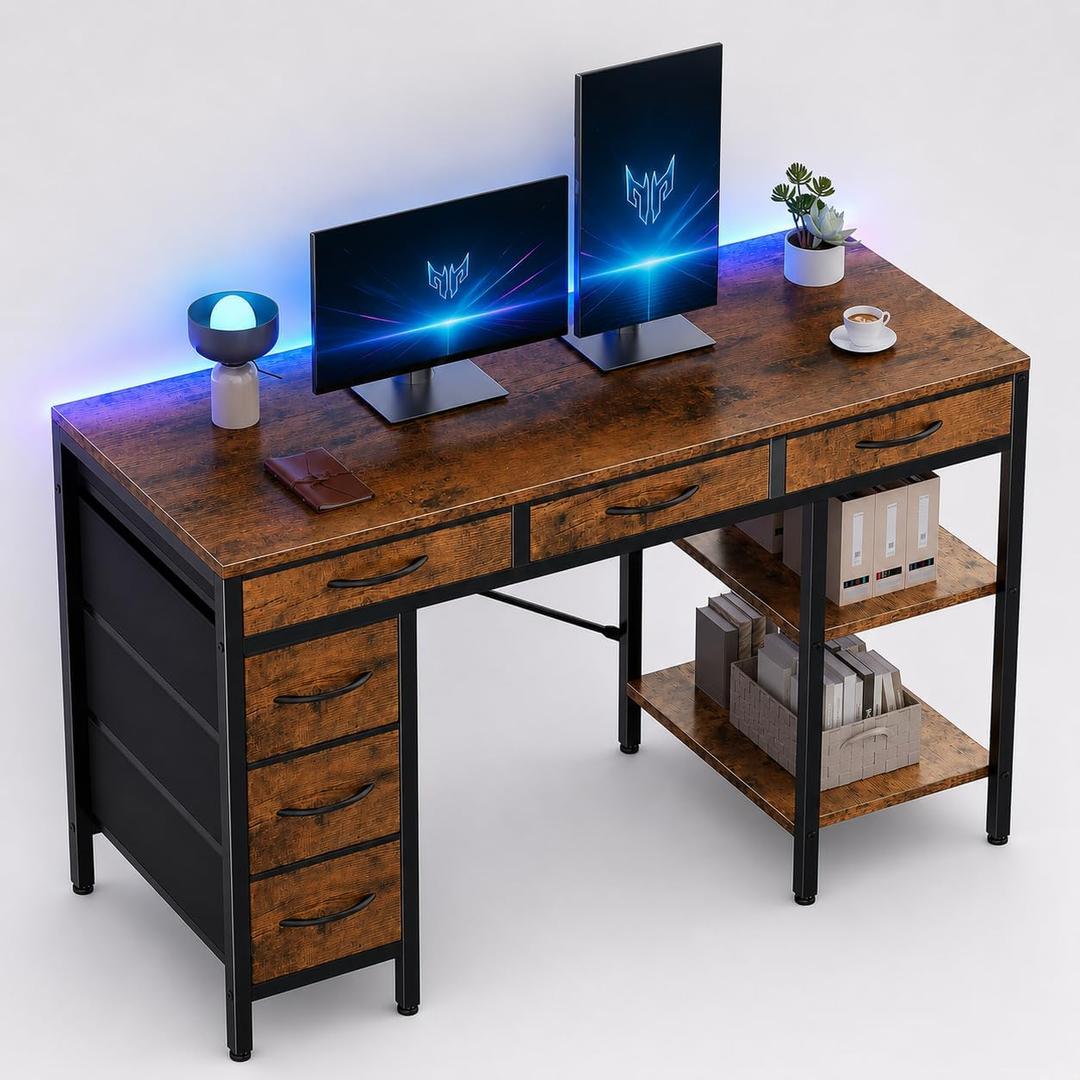 Simple Deluxe Computer Desk with 6 Drawers, 47 Inch Office Workstation with Storage Shelves, Reversible Corner Gaming Table, Home Office Study Desk with Fabric Organizer, Rustic Brown, 47''Lx18''W