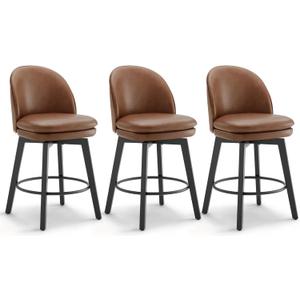Counter Height Barstools 26 inch Upholstered Swivel Bar Stools with Back and Wood Legs for Kitchen Island, Set of 3,Brown PU Leather-Armless
