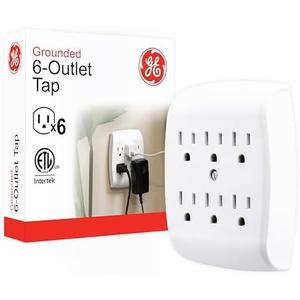 GE 6-Outlet Extender Wall Tap, Grounded Adapter, Outlet Splitter, Charging Station, 3-Prong, Plug Adapter, Secure Install, Cruise Essentials, ETL Listed, White, 54947