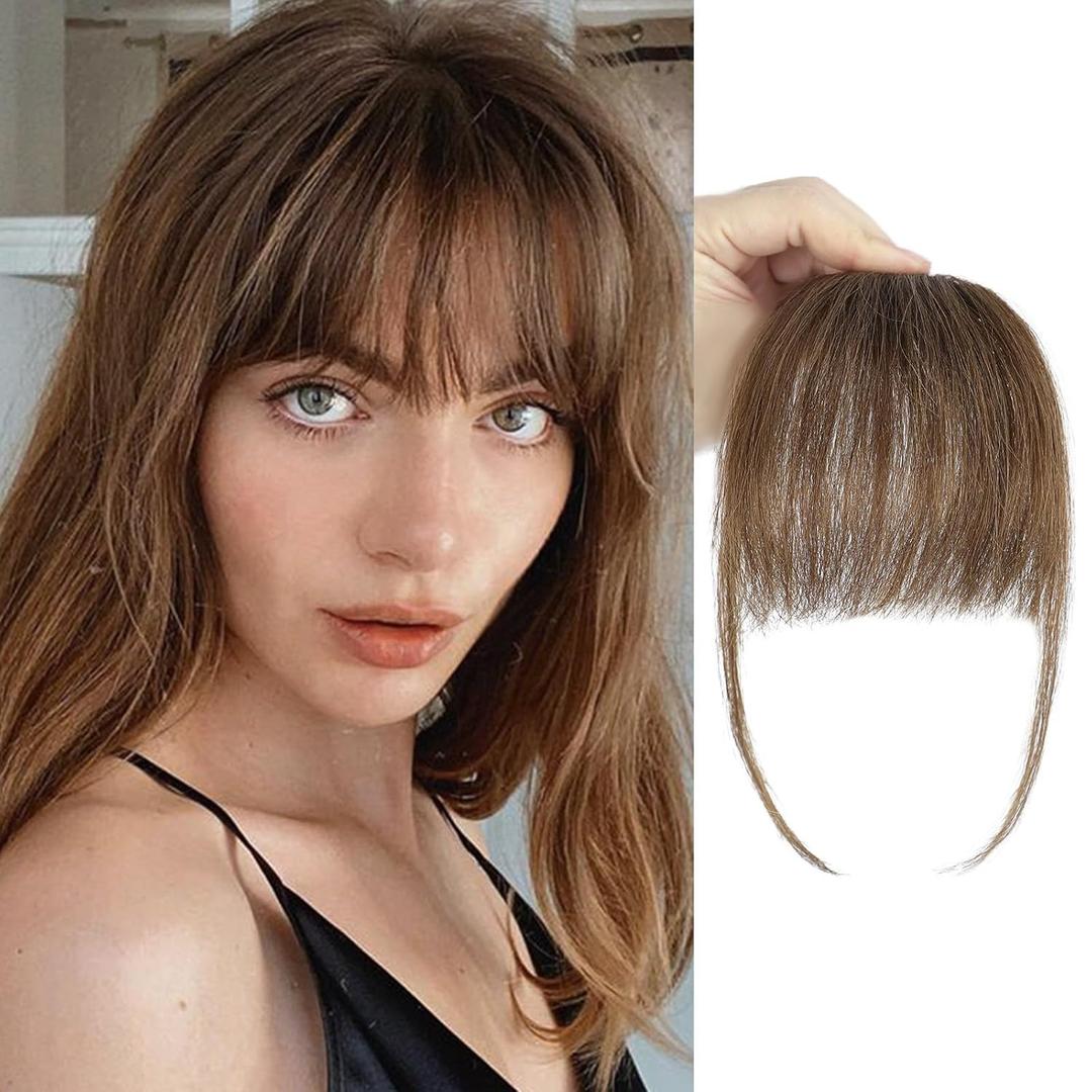 BOGSEA Clip in Bangs 100% Human Hair Bangs with Temples Bangs Hairpieces for Women Clip in Fake Bangs for Daily Wear (Light Brown, Wispy Bangs)
