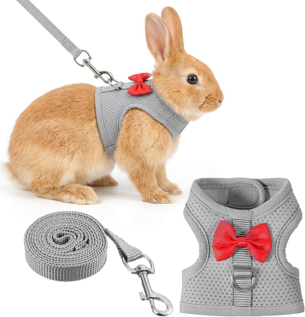 Bunny Leash and Harness Set, Rabbit Harness Vest, Bunny Harnesses, Adjustable Straps Design, Soft Mesh Harnesses for Puppies, Kitten, Guinea Pigs, Grey S