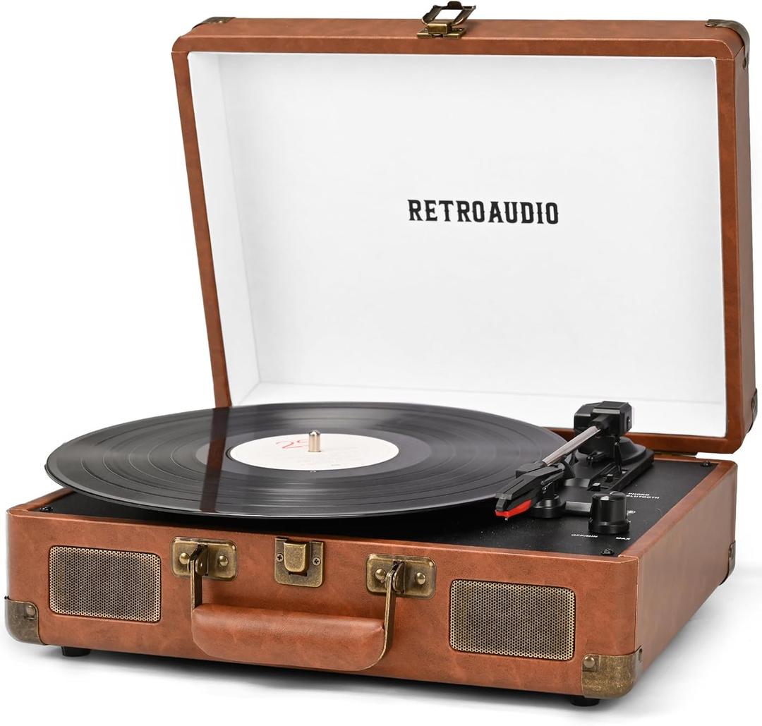Vinyl Record Player 3-Speed Bluetooth Portable Suitcase Records Player with 2 Built-in Stereo Speakers, Belt-Driven Turntable for Vinyl Records, Support RCA Line Out, AUX Out (Brown)