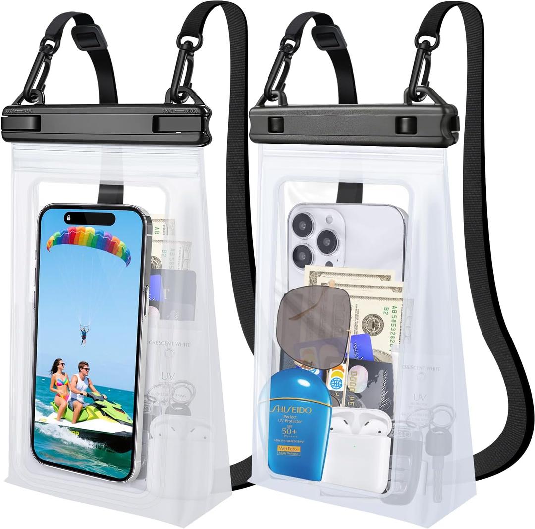 2 Pack Large Waterproof Phone Pouch Floating, Waterproof Phone Case for iPhone 16 15 14 13 Pro Max Galaxy S25 S24 All Devices, IPX8 Double Sealing, Water Proof Bag for Beach Water Park (White+White)