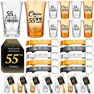 Domensi 30 sets 55th Birthday Party Favors for Guests 2 styles Acrylic Short Glasses 3 colors bottle opener Souvenir Thank You Tags with Organza Bags Twine for birthday Anniversary Wedding Shower