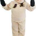 Kids Sheep Costume Fuzzy Little Lamb Halloween Christmas Outfit Long Sleeve Top + Pants + Hat + Gloves + Socks (Small, Beige)