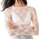 AKEWEI Womens Mesh Long Sleeve Tops Crew Neck Sexy See Through Tee Shirts Party Club Night Lace Blouse (Large, White)