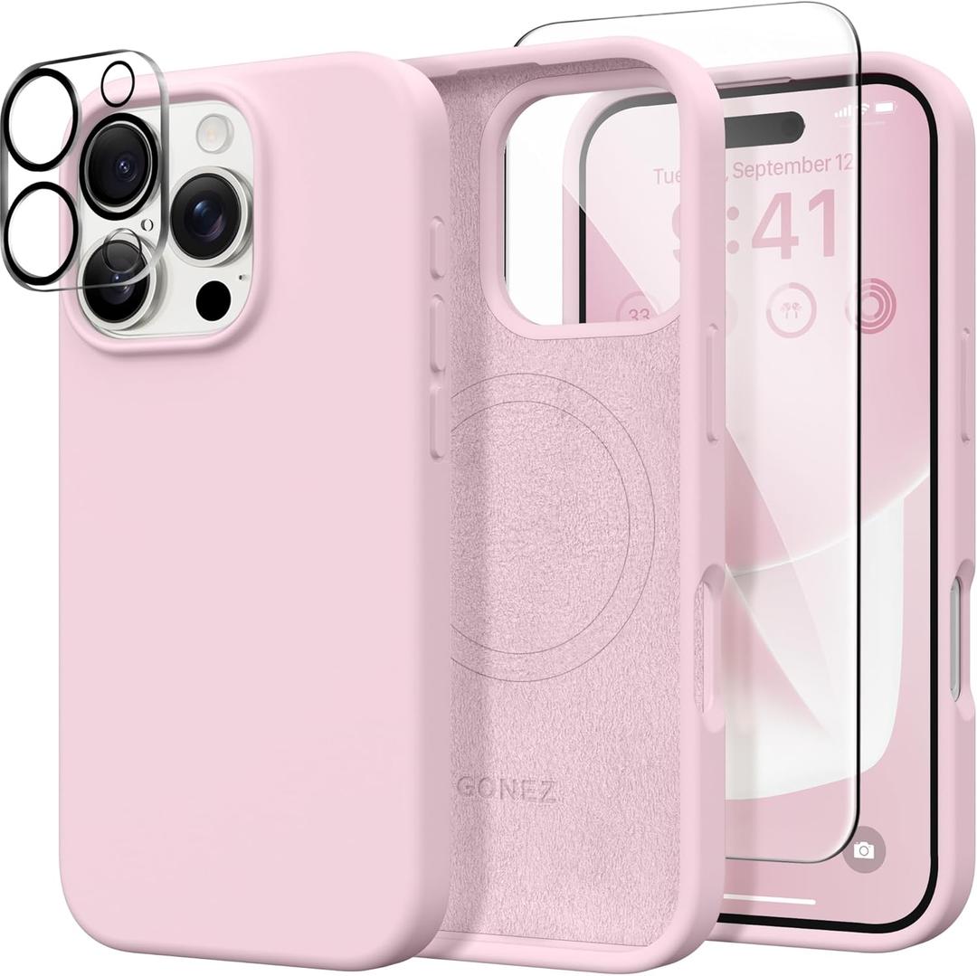 GONEZ Magnetic for iPhone 16 Pro Case, Compatible with MagSafe, [Screen Protector + Camera Lens Protector], Silicone Shockproof Anti-Scratch Protective Phone Case 6.3 Inch, Pastel Pink