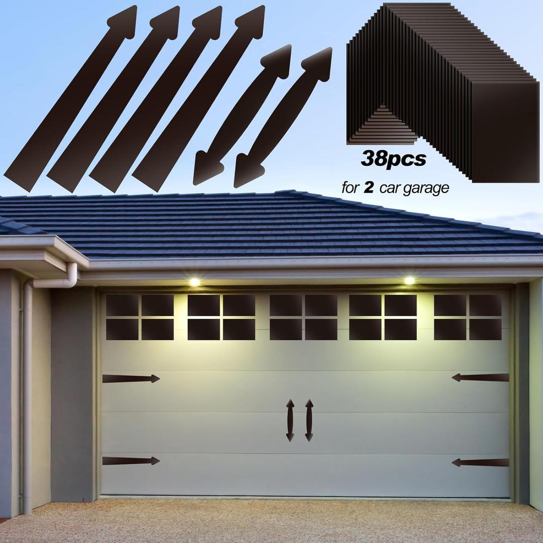 Ferraycle 38 Pcs Magnetic Garage Door Decoration Kit Includes 32 Faux Windows, 4 Faux Hinges, and 2 Handles Magnetic Door Decorative Hardware Garage Door Magnets for 2 Car, Dark Brown(Square)
