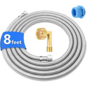 8FT Dishwasher Water Supply Line with 90 Brass Elbow, Stainless Steel Braided and Food-Grade PEX Inner Hose, 3/8" Comp x 3/8" Comp Connections, Includes 3/8" x 3/4" FHT Elbow