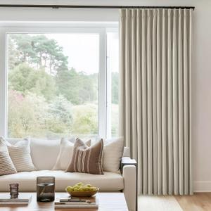 Oatmeal Beige Pleated Linen Blackout Curtains 90 Inches Long for Bedroom Living Room Pinch Pleat Black Out Thermal Insulated Neutral Ring Hooks Back Tab Room Darkening Drapes Curtains with Liner
