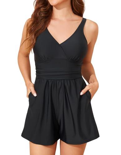Smismivo Swim Rompers for Women Tummy Control Swimsuits with Shorts Modest One Piece Slimming Long Torso Bathing Suits Built in Bra and Pockets Full Coverage Swim Dress Swimwear 2026 Black. 22W