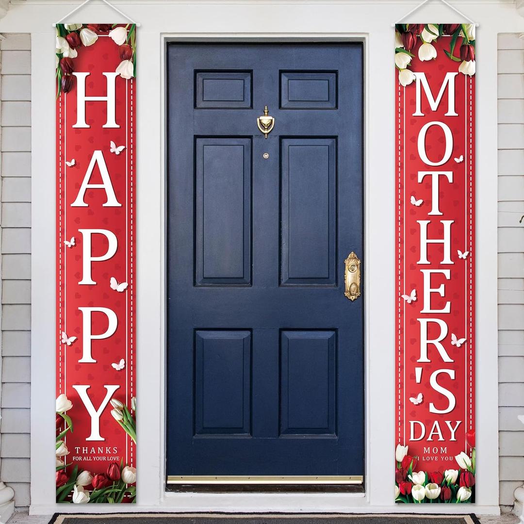 Happy Mothers Day Decorations Porch Banner Red and Pink Flower Mothers Day Decor Best Mom Ever Party Hanging Door Porch Sign Holiday Indoor Outdoor for Party Supplies