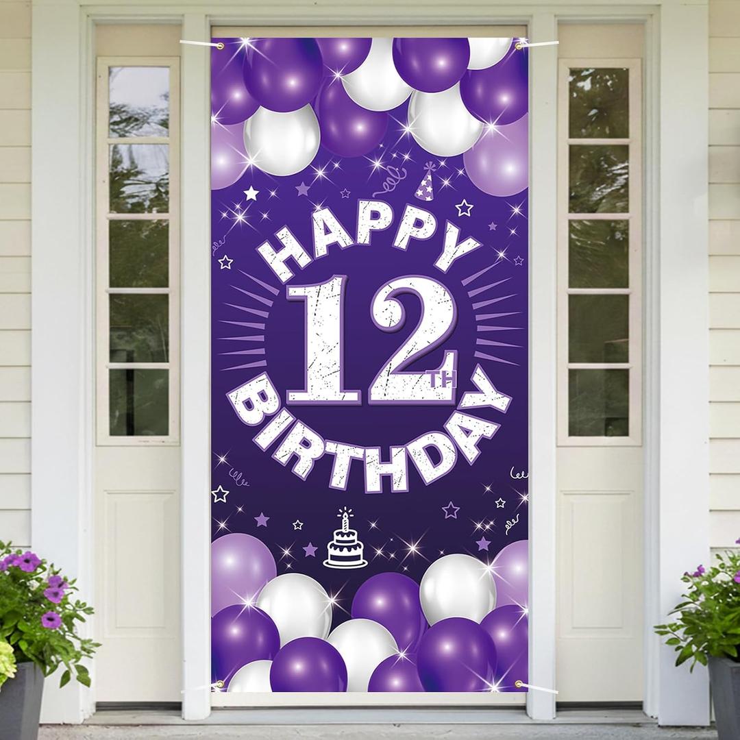 Happy 12th Birthday Decorations for Girls, Purple Fabric Banner Backdrop for 12 Year Old Birthday Party, Yard Sign Style Door Decor, Photo Backdrop for Indoor or Outdoor Use PHXEY