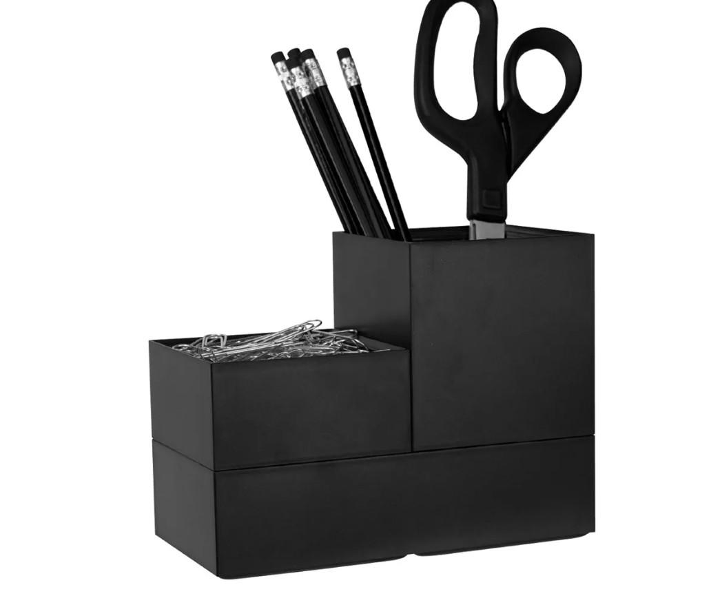 Bostitch Office Konnect Desk Organizer Accessory Tray & Storage Cup Bundle, Stacks for Desktop Storage,Makeup Organization, Black