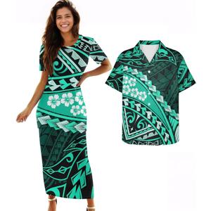 Polynesian Couples Matching Outfits Samoa Puletasi Women's Dresses and Luau Men's Shirts (Green, XL)