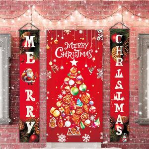3Pcs Christmas Tree Door Cover and Christmas Door Banners Set, Xmas Door Decorations for Front Door, Santa Claus Merry Christmas Porch Banner for Wall Home Outdoor Indoor Party