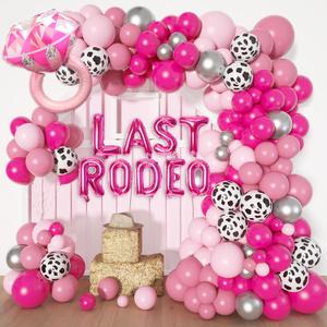 Cowgirl Pink Balloons Arch Garland Kit, 131Pcs Hot Pink Silver Cow Print Last Rodeo Diamond Foil Balloon for Western Disco Cowgirl Birthday Party Bachelorette Baby Bridal Shower Wedding Decorations