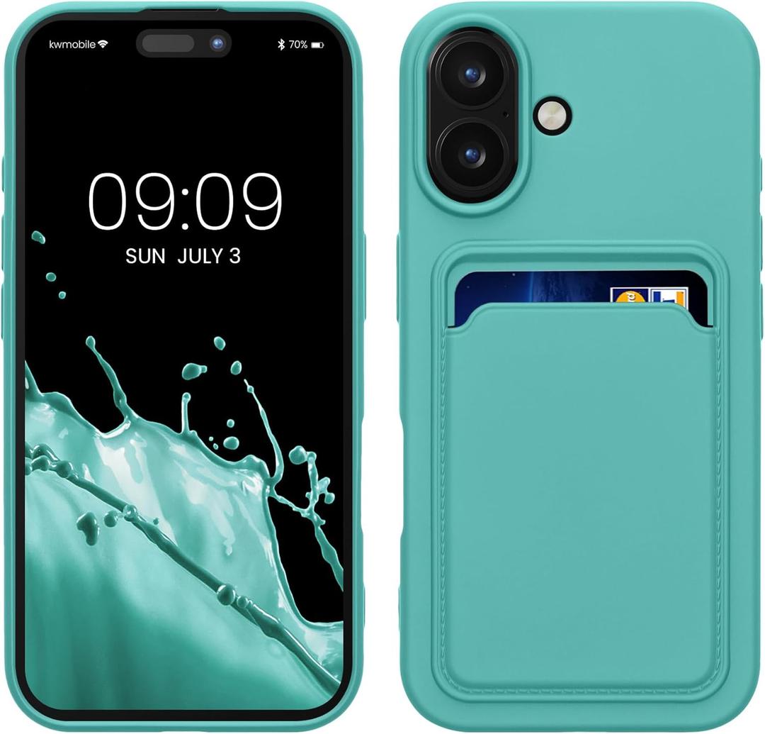 kwmobile Case Compatible with Apple iPhone 16 Case - TPU Phone Cover with Credit Card Holder - Mint
