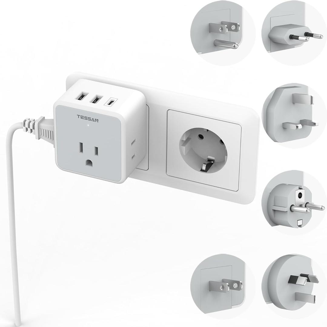TESSAN Universal Travel Adapter Kit, 6-in-1 International Power Adapter with 3 USB (1 USB C) and 3 AC Outlets, Wordwide Adaptor Supports Type C, G, E/F, I, A, B for US EU UK Australia Japan, Grey
