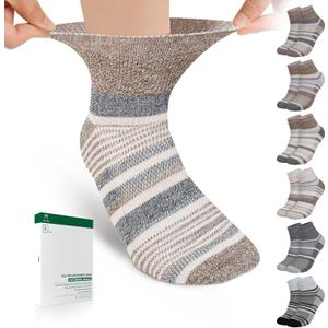 Bulinlulu Bamboo Viscose Diabetic Socks for Women Men,6 Pairs Non Binding Ankle Socks (X-Large, Grey Stripe a/Grey Stripe B/Dark Brown Stripe a/Dark Brown Stripe B/Brown Stripe a/Brown Stripe B)