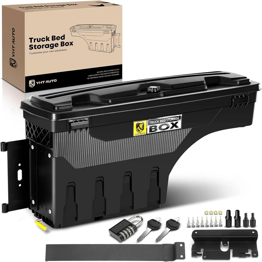 YHTAUTO Truck Bed Storage Tool Box Lockable Compatible with 2007-2019 Chevy Silverado & GMC Sierra 1500 2500HD 3500 HD, Driver Side, Without Bed Rail Storage, Swing Waterproof Wheel Well Toolbox