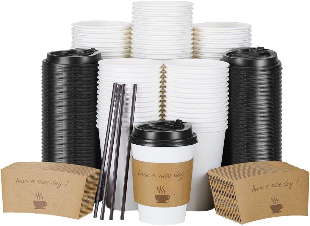 100 pack 12 oz Disposable Thickened Coffee Cups with Lids, Scald Resistant Hot Cup with Sleeve and Straw, To Go Coffee Cups for Home, Office, Cafes and Party (White 12oz) (White-100pack)