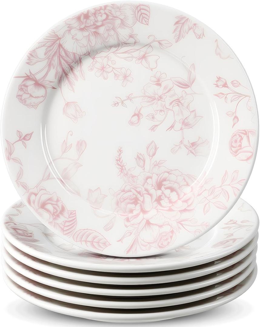 Honeydak 6 Pcs 6 Inch Pink Floral Flower Ceramic Plates Pink and White Porcelain Salad Serving Plate Vintage Dinner Appetizer Dessert Dishes Tableware for Wedding Birthday Tea Party Table Supplies
