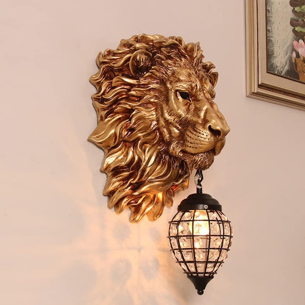 Rustic Wall Sconce, Lion Head Wall Sconce Lighting with Crystal Beaded Shade, Resin Farmhouse Decorative Wall Light Gold Finish (Large)