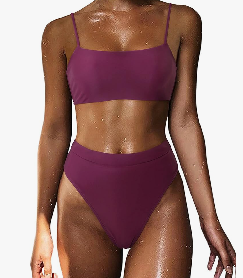 MOSHENGQI Women High Wasited Bikini Shoulder Strap 2 Piece High Cut String Swimsuits Size S