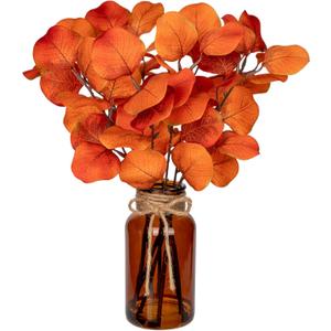 Briful Artificial Eucalyptus Stems in Amber Glass Vase with Faux Water, 14" Fake Fall Plant Autumn Eucalyptus Leaves for Home Farmhouse Wedding Centerpiece Bathroom Dcor (Orangered)