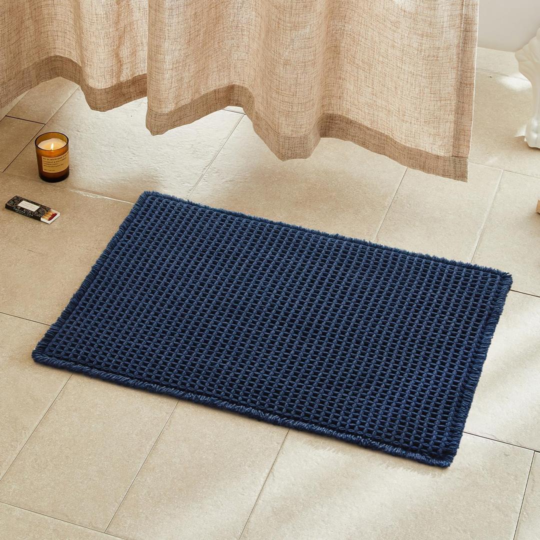 Waffle Bath Mat, Boho Bathroom Rugs Non Slip Washable Super Absorbent Quick Dry Bath Mat Farmhouse Bathroom Decor, 30"x20" Navy Blue (1'8" x 2'6" (Rectangular))