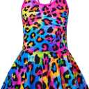 Akokvlar Girl One Piece Swimsuit with Skirt Bathing Suit Swimwear (14-15 Years, Rainbow Leopard)
