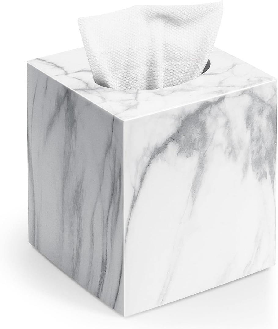 Square Tissue Box Cover, Marble Modern Facial Paper Holder, Cube Acrylic Tissue Holder Accessories for Bathroom Vanity Countertop, Bedroom Dresser, Night Stand, Desk, Office