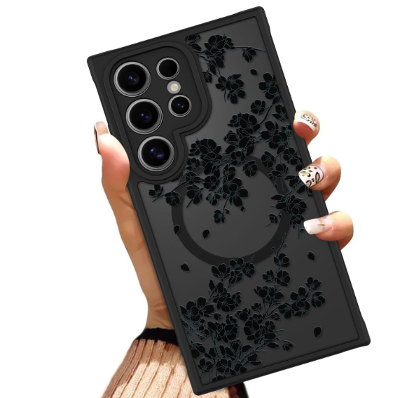 OOK Case Fit for Samsung Galaxy S24 Ultra 6.8 Inch (Wireless Charging Compatible) Black Flowers Floral Phone Cover Soft TPU + Hard PC Anti-Scratch Shockproof Magnetic Case for Women - Black