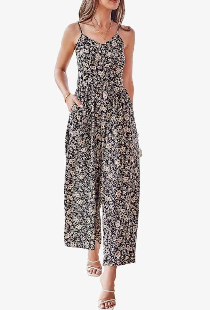 LAISHEN Wide Leg Jumpsuits for Women Dressy Casual 2024 Summer Rompers Smocked Sleeveless Floral Jumpers with Pockets, L