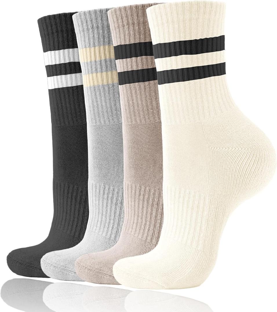 3 x AugRing Women's Striped Cotton Crew Socks Cozy Casual Athletic Quarter Socks for Running & Gym Size 5-11