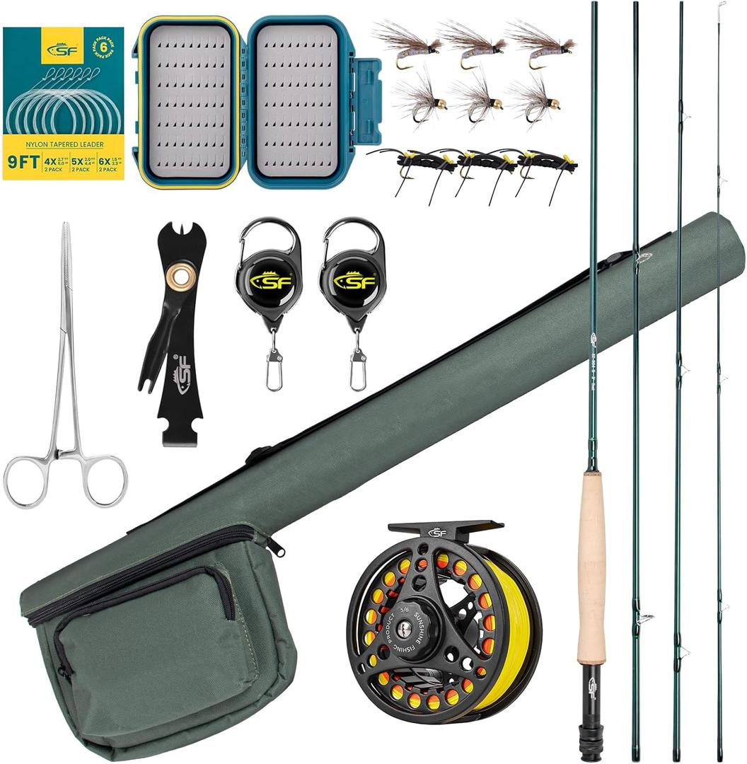 SF Fly Fishing Rod Combo Starter Kit Semi Gloss Green Jade Finish 24T Carbon Fiber Trout Travel Fly Rod with Reel,Fly Rod case,Fly Box , Flies,Tapered Leader,Knot Tying Tools (9', 5wt, 4sec, M.F)